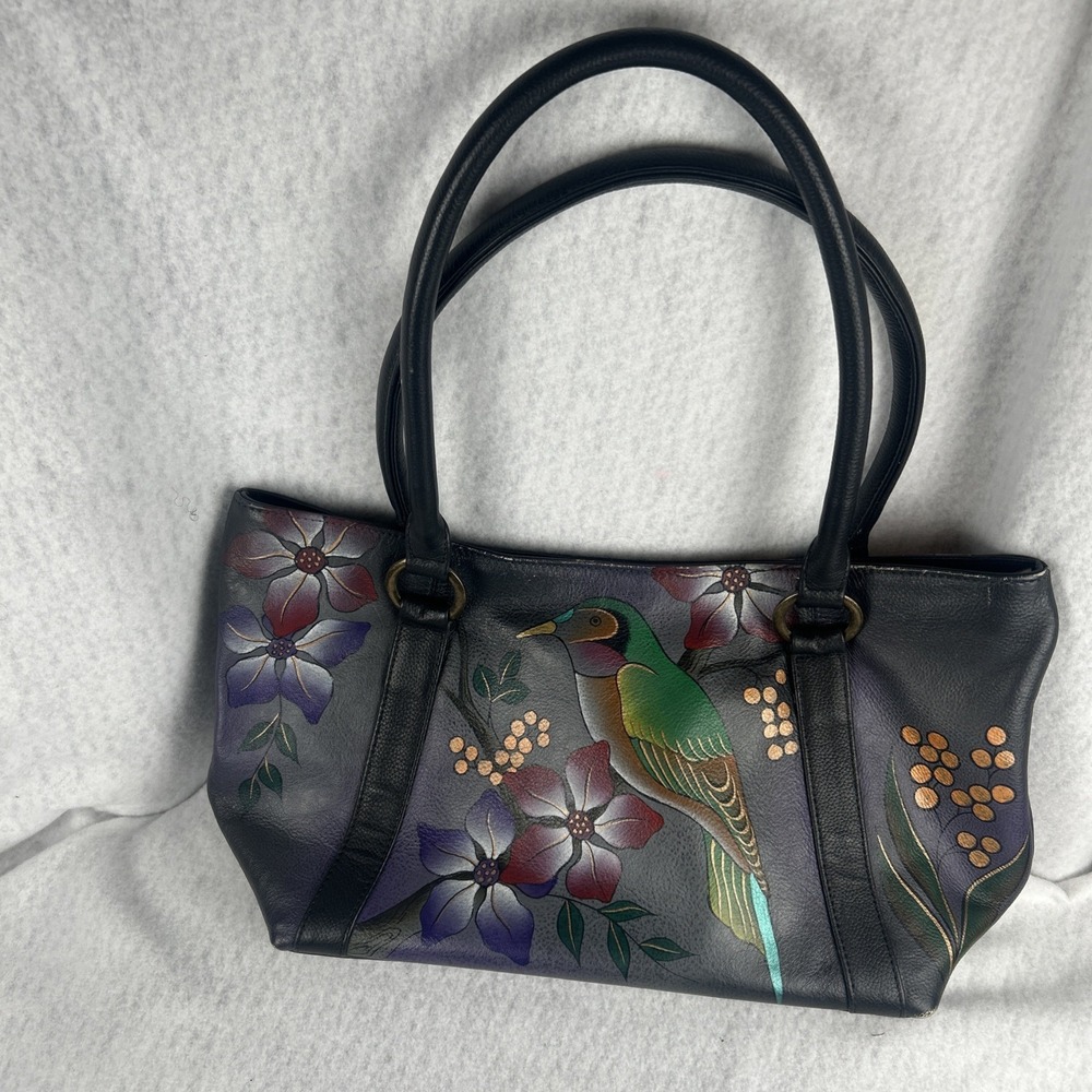 Anuschka Hand Painted Floral Birds Leather Purse Tote Bag
